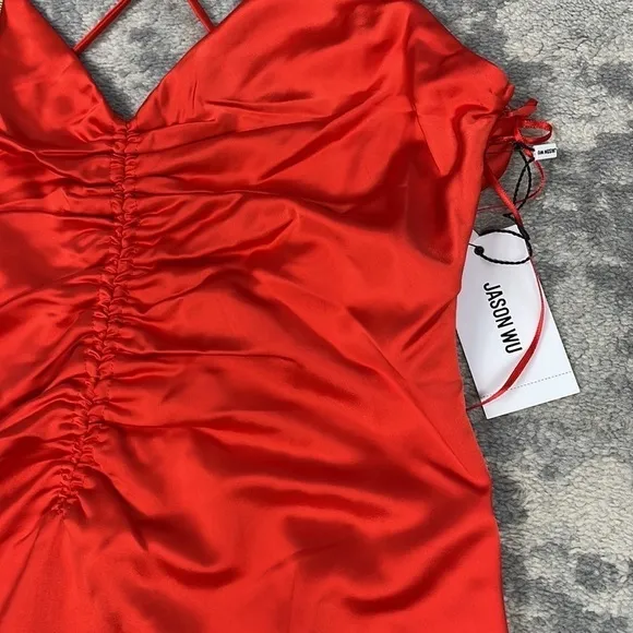 NWT Jason Wu Cinched Front Red Satin Midi Dress Slinky Lingerie Style Sz S