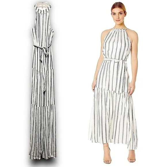NWT L’AGENCE Striped Sleeveless Halter Neck Tie Waist Tiered Skirt Maxi Dress XS