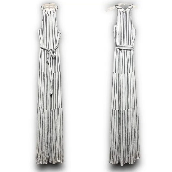 NWT L’AGENCE Striped Sleeveless Halter Neck Tie Waist Tiered Skirt Maxi Dress XS