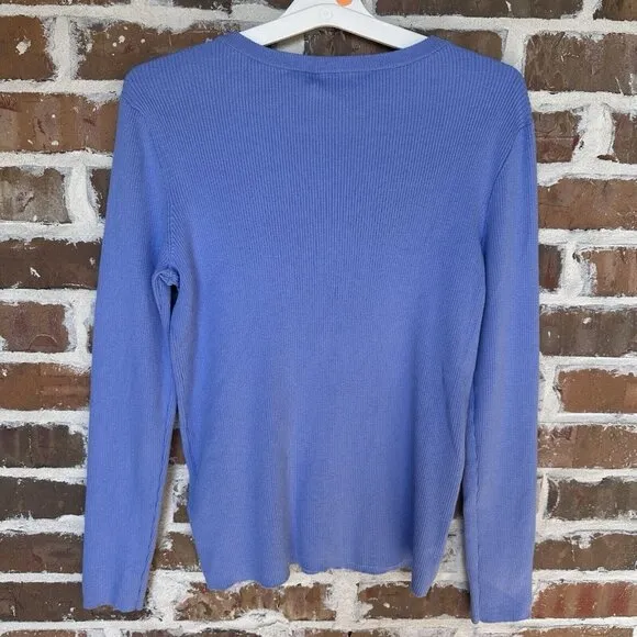 NWT Lauren Ralph Lauren Sweater Sz L Light Blue Ribbed Knit Gold Tone Button