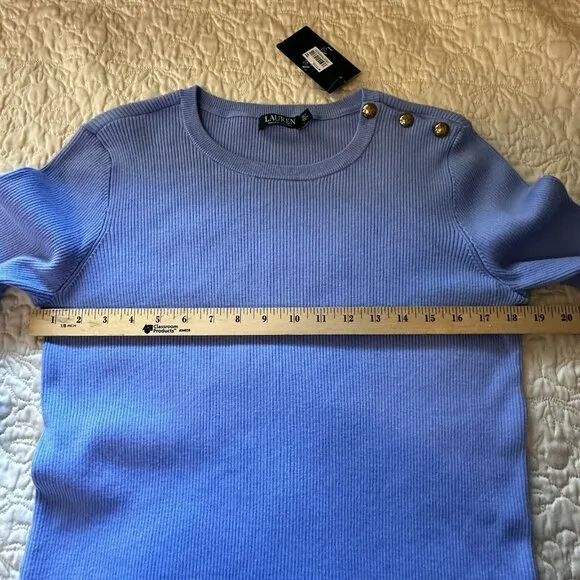 NWT Lauren Ralph Lauren Sweater Sz L Light Blue Ribbed Knit Gold Tone Button