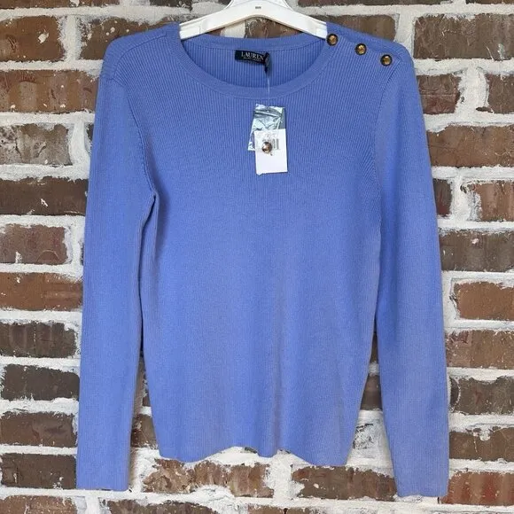 NWT Lauren Ralph Lauren Sweater Sz L Light Blue Ribbed Knit Gold Tone Button