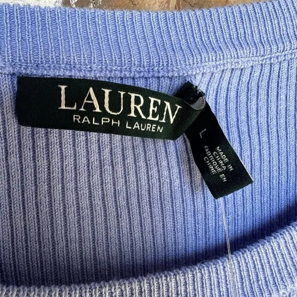 NWT Lauren Ralph Lauren Sweater Sz L Light Blue Ribbed Knit Gold Tone Button