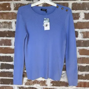 NWT Lauren Ralph Lauren Sweater Sz L Light Blue Ribbed Knit Gold Tone Button