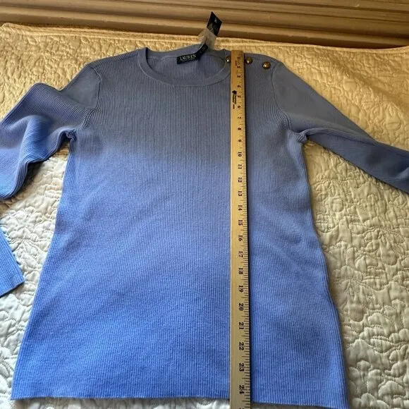 NWT Lauren Ralph Lauren Sweater Sz L Light Blue Ribbed Knit Gold Tone Button