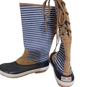 NWT Marley Lilly Tall Duck Boots Back Lace Up Blue White Stripe Size 10