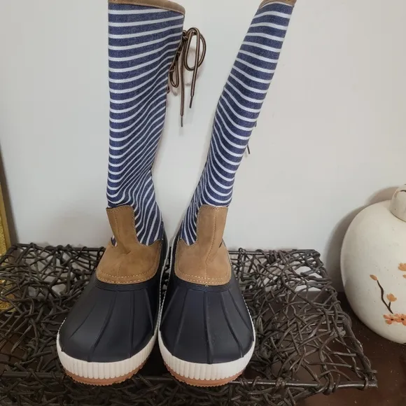 NWT Marley Lilly Tall Duck Boots Back Lace Up Blue White Stripe Size 10