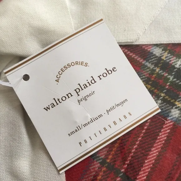 NWT NEW Pottery Barn Mens (or Women) 100% Cotton WALTON RED PLAID ROBE S/M