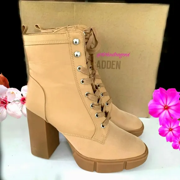 NWT Nude Boots Combat Lace Up Boots Cream Black Heel Boot Madden &amp; Ankle Pouch