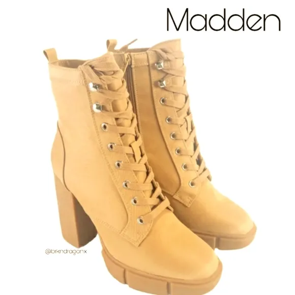 NWT Nude Boots Combat Lace Up Boots Cream Black Heel Boot Madden &amp; Ankle Pouch