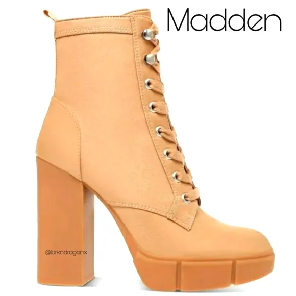 NWT Nude Boots Combat Lace Up Boots Cream Black Heel Boot Madden &amp; Ankle Pouch