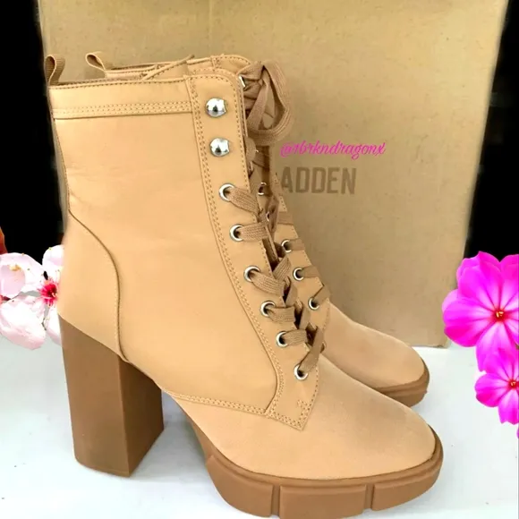 NWT Nude Boots Combat Lace Up Boots Cream Black Heel Boot Madden &amp; Ankle Pouch
