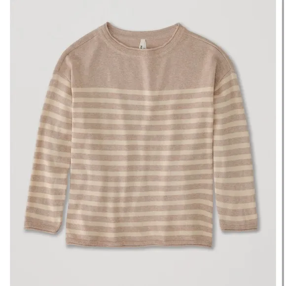 NWT Pact 100% Organic Cotton Classic Fine Knit Oat Stripe 3/4 Sleeve Sweater