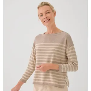 NWT Pact 100% Organic Cotton Classic Fine Knit Oat Stripe 3/4 Sleeve Sweater