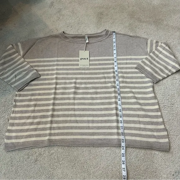 NWT Pact 100% Organic Cotton Classic Fine Knit Oat Stripe 3/4 Sleeve Sweater