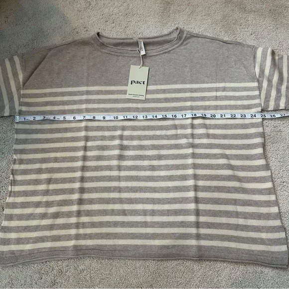 NWT Pact 100% Organic Cotton Classic Fine Knit Oat Stripe 3/4 Sleeve Sweater