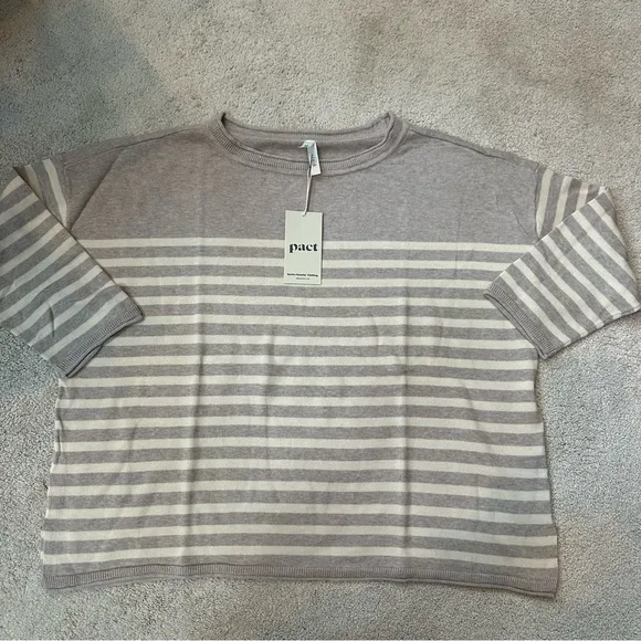 NWT Pact 100% Organic Cotton Classic Fine Knit Oat Stripe 3/4 Sleeve Sweater