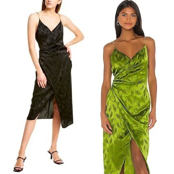 NWT RONNY KOBO Silk Satin Faux Wrap Sleeveless Chain Strap Leg Slit Dress XS