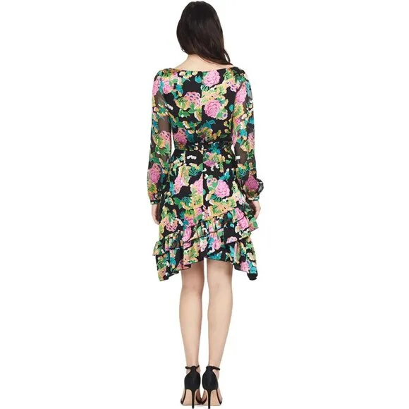 NWT Saloni Felicia Satin Mini Dress Black Multicolor Hydrangea Bold Floral 4