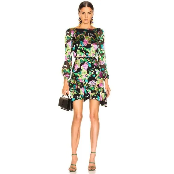 NWT Saloni Felicia Satin Mini Dress Black Multicolor Hydrangea Bold Floral 4