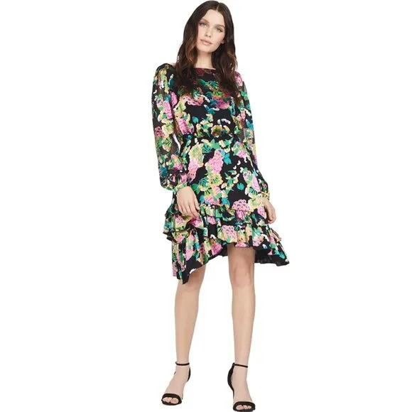 NWT Saloni Felicia Satin Mini Dress Black Multicolor Hydrangea Bold Floral 4