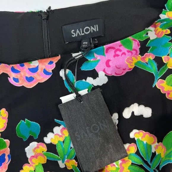 NWT Saloni Felicia Satin Mini Dress Black Multicolor Hydrangea Bold Floral 4