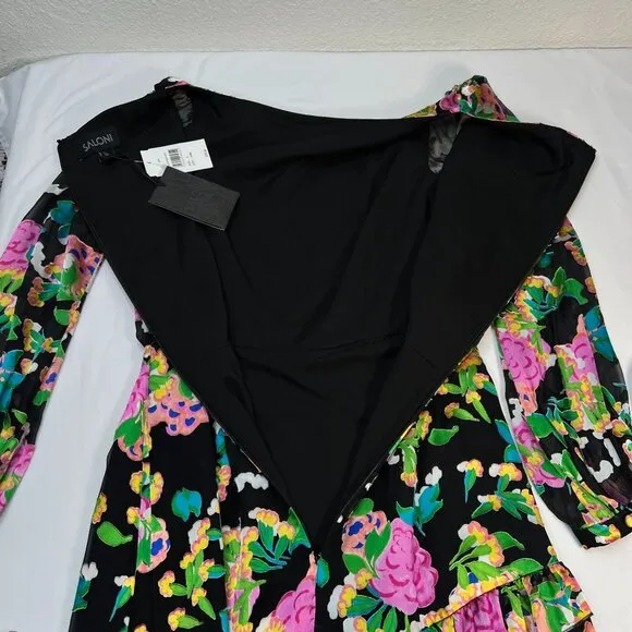 NWT Saloni Felicia Satin Mini Dress Black Multicolor Hydrangea Bold Floral 4