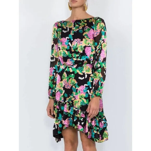 NWT Saloni Felicia Satin Mini Dress Black Multicolor Hydrangea Bold Floral 4