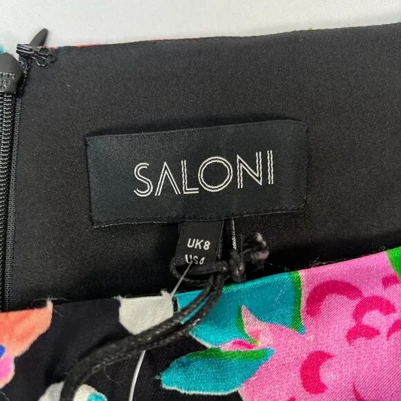 NWT Saloni Felicia Satin Mini Dress Black Multicolor Hydrangea Bold Floral 4