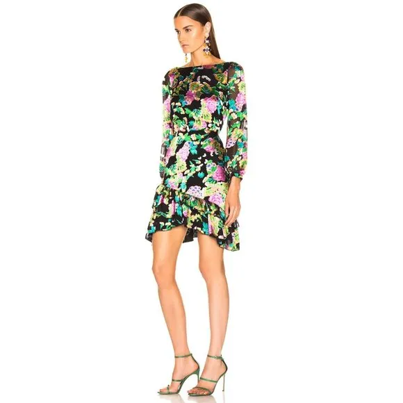 NWT Saloni Felicia Satin Mini Dress Black Multicolor Hydrangea Bold Floral 4