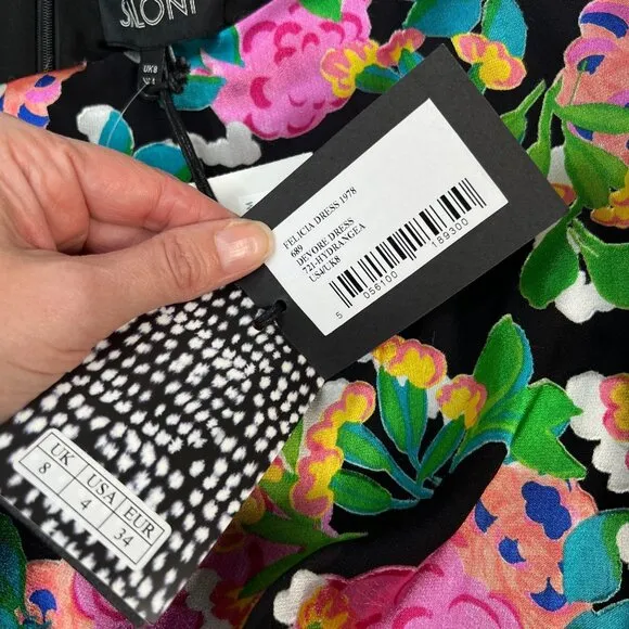 NWT Saloni Felicia Satin Mini Dress Black Multicolor Hydrangea Bold Floral 4