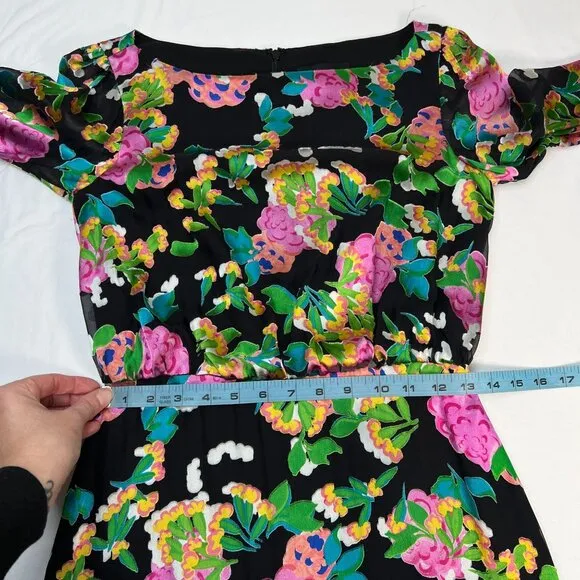 NWT Saloni Felicia Satin Mini Dress Black Multicolor Hydrangea Bold Floral 4