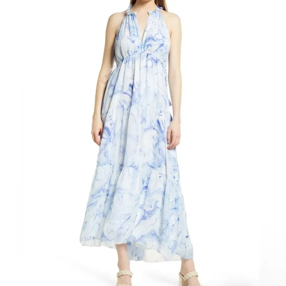 NWT Saylor Annela Tiered Ruffle Marbled Midi Dress | Blue &amp; White