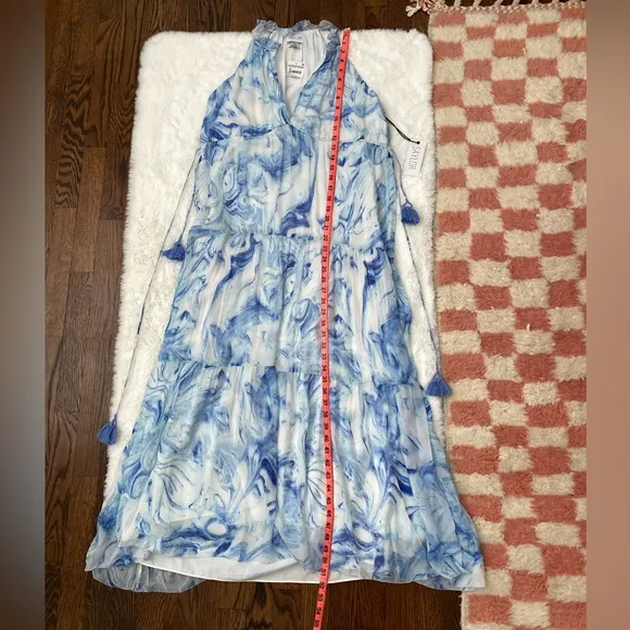 NWT Saylor Annela Tiered Ruffle Marbled Midi Dress | Blue &amp; White