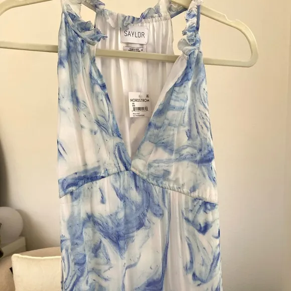 NWT Saylor Annela Tiered Ruffle Marbled Midi Dress | Blue &amp; White