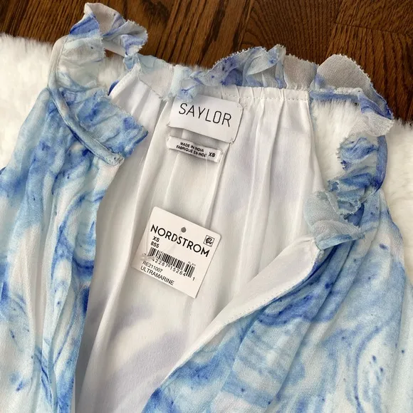 NWT Saylor Annela Tiered Ruffle Marbled Midi Dress | Blue &amp; White