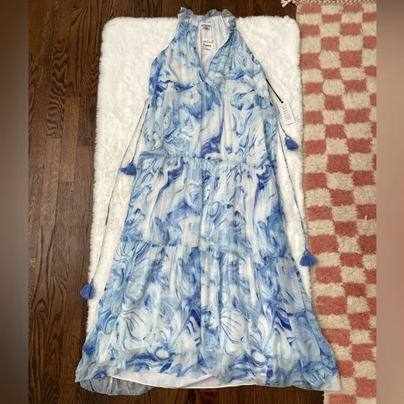 NWT Saylor Annela Tiered Ruffle Marbled Midi Dress | Blue &amp; White