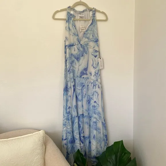NWT Saylor Annela Tiered Ruffle Marbled Midi Dress | Blue &amp; White
