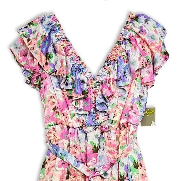 NWT Taylor V-neck Floral Print Flutter Sleeve Hi-Low Hem Maxi Dress