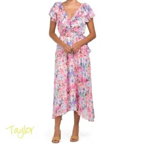 NWT Taylor V-neck Floral Print Flutter Sleeve Hi-Low Hem Maxi Dress