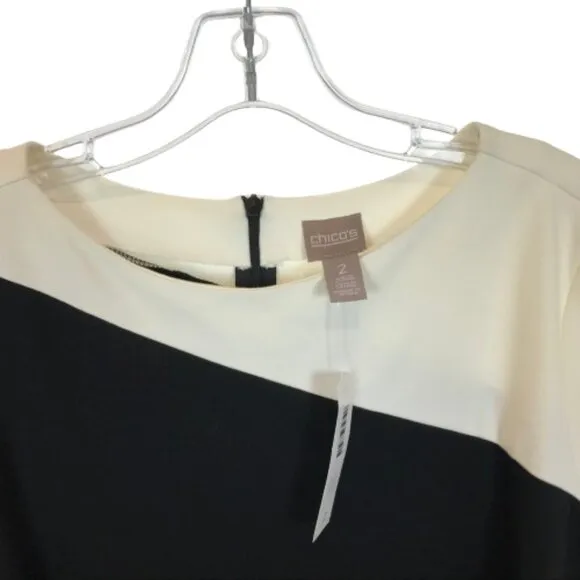 NWT Womens Size 12 Chico's Carolyn Black White Colorblock Knee-Length Dress NEW