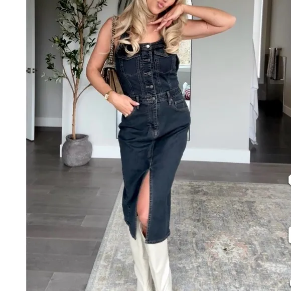 Off black wash halter top button front jean denim midi dress