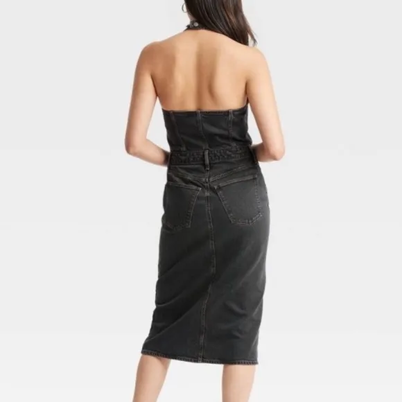 Off black wash halter top button front jean denim midi dress