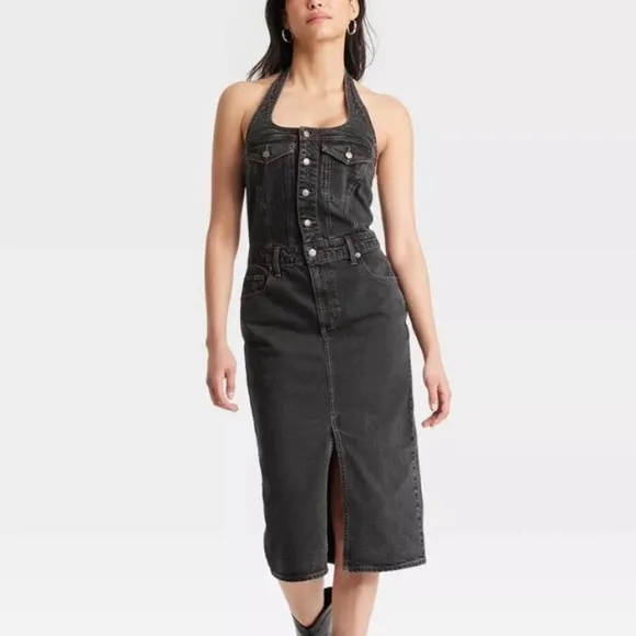 Off black wash halter top button front jean denim midi dress