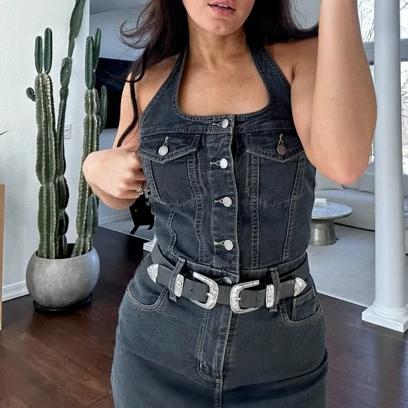 Off black wash halter top button front jean denim midi dress