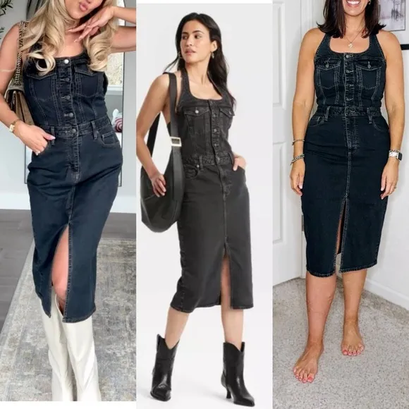 Off black wash halter top button front jean denim midi dress