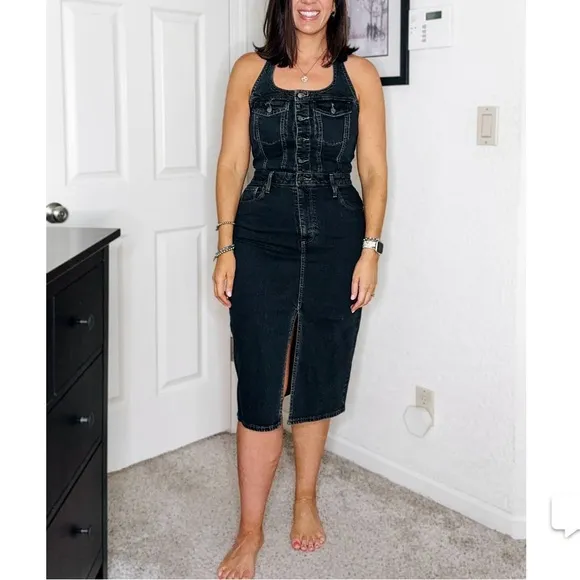 Off black wash halter top button front jean denim midi dress