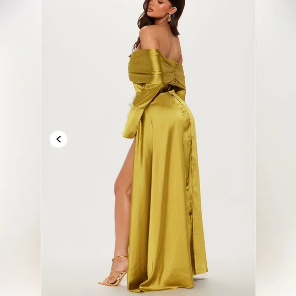 Off shoulder satin maxi dress dress long sleeve split side wedding guest dress