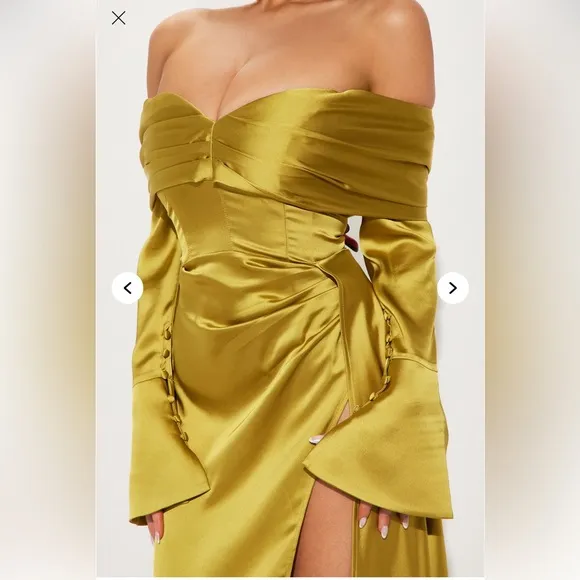 Off shoulder satin maxi dress dress long sleeve split side wedding guest dress