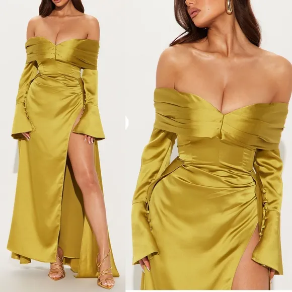 Off shoulder satin maxi dress dress long sleeve split side wedding guest dress